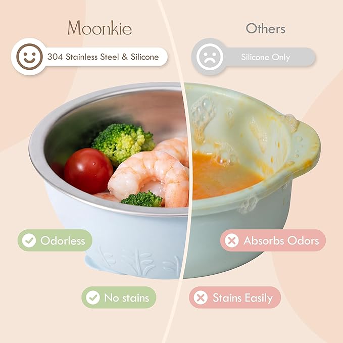 Moonkie Baby Bowls with Suction, Stainless Steel & Silicone Toddler Bowls with Lids, Seamless One-Piece Design Silicone Bowls for Babies 4 Months+, 13oz, BPA-Free, Lead-Free, Dishwasher Safe, 2 Pack