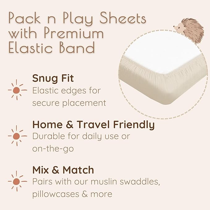 2-Pack Muslin Mini Crib Sheets Girl Boy, Cotton Muslin Pack and Play Sheets Fitted, 27" x 39", Fits Graco Pack n Play Mattress, Playpen Sheets Pack n Play, Oeko-Tex (Neutral Pack n Play Sheets)