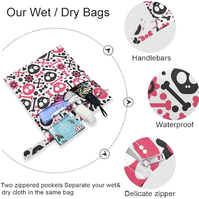 visesunny Pink Skull Black 2Pcs Wet Bag with Zippered Pockets Washable Reusable Roomy for Travel,Beach,Pool,Daycare,Stroller,Diapers,Dirty Gym Clothes, Wet Swimsuits, Toiletries