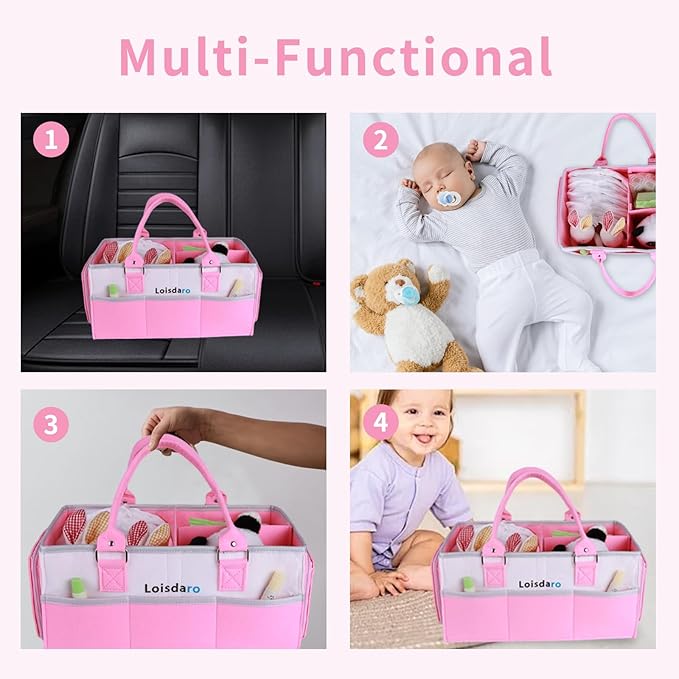 Baby Diaper Caddy Organizer, Portable Diaper Storage Basket for Changing Table, Nursery, Car, Pink