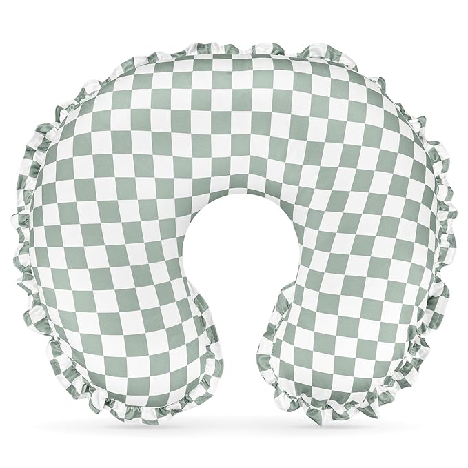 DILIMI Nursing Pillow Cover, Removable Ruffled Pillowcase for Breastfeeding Pillows, Ultra Soft Comfortable Slipcover for Baby Girl and Boy, Green Gingham