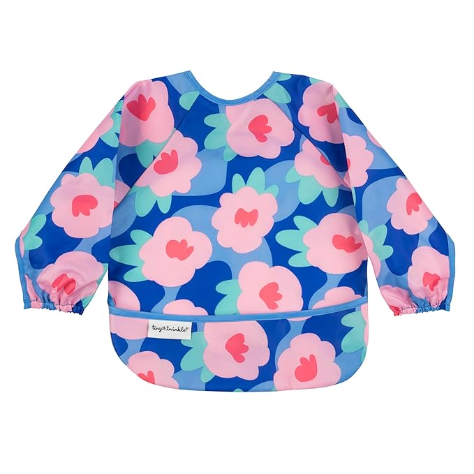 Tiny Twinkle Mess Proof Baby Bib, Cute Full Sleeve Bib Outfit, Waterproof Bibs for Toddlers, Machine Washable, Tug Proof Closure, Baby Smock for Eating, Long Sleeve (Floral Blue, Large 2-4 Years)