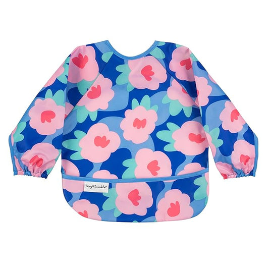 Tiny Twinkle Mess Proof Baby Bib, Cute Full Sleeve Bib Outfit, Waterproof Bibs for Toddlers, Machine Washable, Tug Proof Closure, Baby Smock for Eating, Long Sleeve (Floral Blue, Large 2-4 Years)