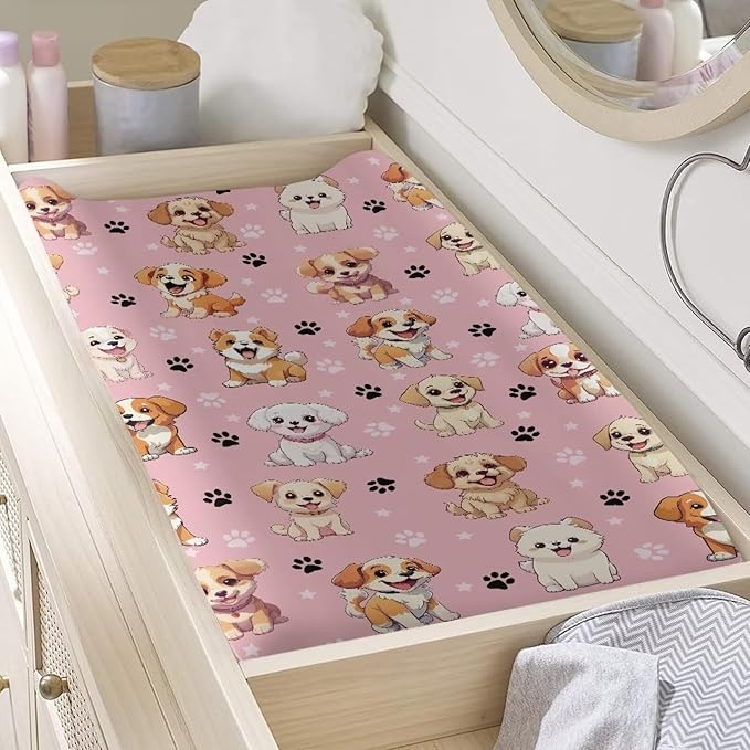 Dog Print Changing Pad Pink Baby Change Table Cover Boys Girls Breathable Soft Stretchy Changing Mat Sheets Cover Gifts Cute Birthday Gifts for Baby