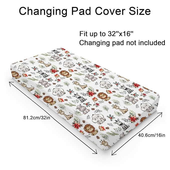 Baby Safari Animals Christmas Cherry Fir Leaves Changing Pad Covers Lion Elephant Giraffe Zebra Hippo Diaper Change Table Pad Covers for Girl Boy Soft Stretch Changing Mat Sheets 32''x16''
