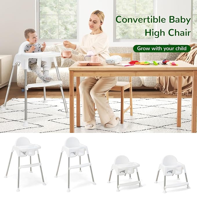 HONEY JOY Baby High Chair, 4 in 1 Convertible Highchair for Babies and Toddlers, Adjustable Legs, Double Removable Tray & Footrest, 3-Point Safety Harness for Infants Boys Girls (White)
