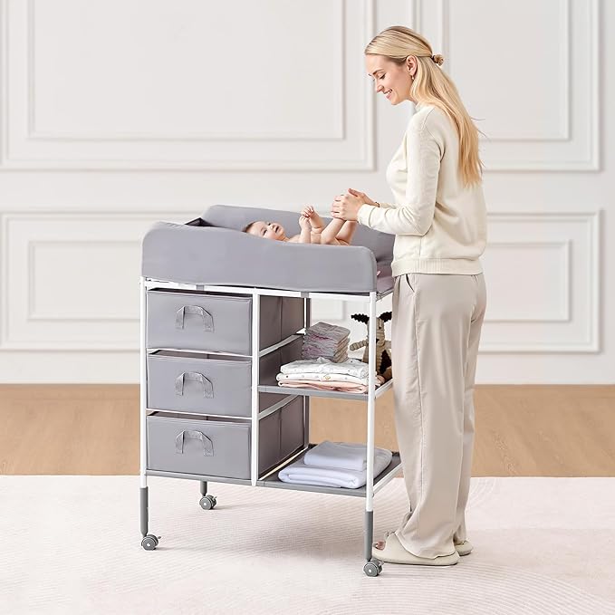 VEVOR Baby Changing Table, Adjustable Height Diaper Change Station with 3 Fabric Drawers & Lockable Wheels, Portable Multifunctional Changing Station Table with Storage Organizer Nursery, Gray