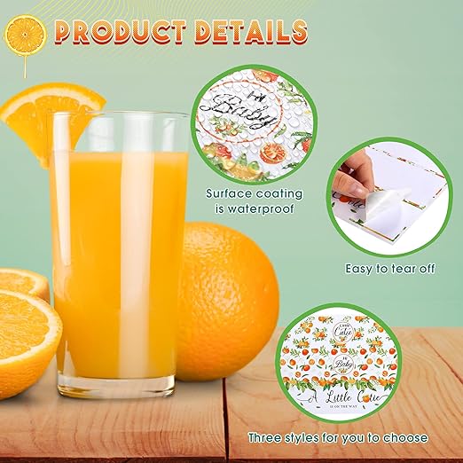 48 Pieces Little Cutie Baby Shower Water Bottle Labels Orange Water Bottle Wrapper Stickers Party Favors Decorations for Boy Girl Baby Shower, 3 Styles