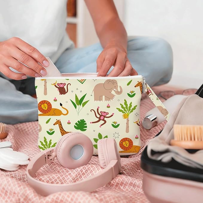 Wet Dry Bag, Wet Bag for Swimsuit, Diaper Sunscreen Large Zipper Pouch Waterproof Pouch, Beach Bags for Women, Gifts for Ladies Girls Friends Colleagues and Sisters, Patterns of Monkeys Elephants etc.