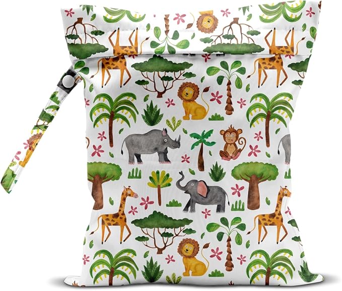 Wet Bag for Baby Swimsuit Kids Wet Dry Bag for Breast Pump Parts Diaper Bag Toiletries Daycare Organizer Beach Vacation Essentials Animal Jungle Waterproof Travel Laundry Bags