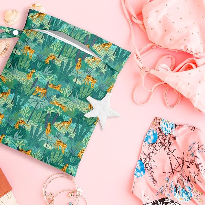 Wet Dry Bag, Wet Bag for Swimsuit, Travel, Beach, Pool, Diapers, Dirty Gym Clothes, Makeup Bag, Camping Accessories, Waterproof Reusable Jungle Tropical Leaves Cheetah Print
