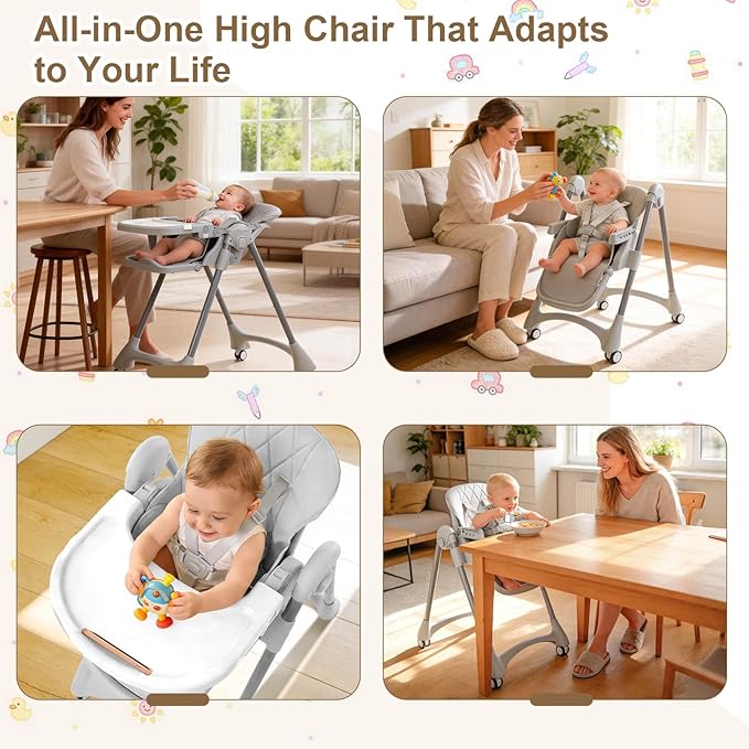 High Chairs for Babies and Toddlers, Foldable Baby High Chair with Removable Tray, Adjustable Backrest and Height, 6 in 1 High Chair with Lockable Wheels for Eating, Include 2 Bibs, Tool-Free Assembly