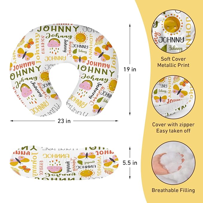 Baby Nursing Pillow Cover - Personalized Name Breastfeeding Pillow Cover with Butterfly Pattern, Stretchy Removable U-Shaped for New Moms, Soft Breathable Slipcover for Infant Boys Girls
