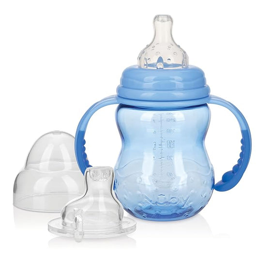 Nuby 3 in 1 Baby Bottle to Training Sippy Cup - 8 Oz Toddler Cups Spill Proof with Soft Spout, Nipple & Removable Grip Handles - Dishwasher Safe (Blue)