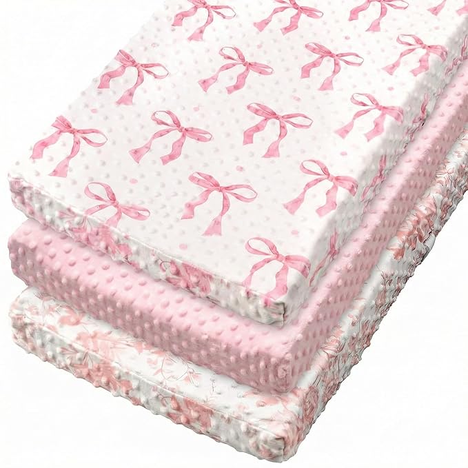 SmoothNovelty 3 Pcs Pink Bow Baby Changing Pad Covers, Flowers Changing Table Cover for Girls, 32 x 16 in Minky Table Sheets, Soft Velvet Nursery Decor, Baby Items