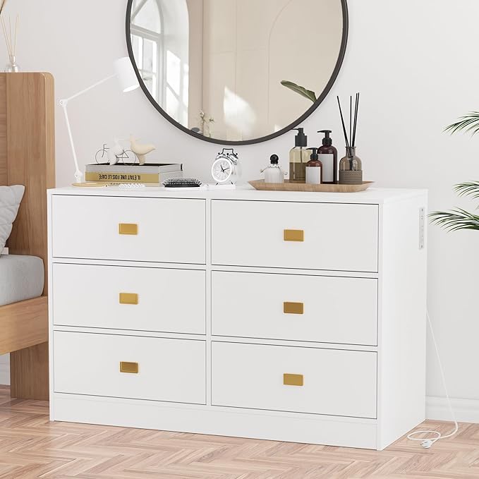 GarveeHome Dresser for Bedroom with 6 Drawers, Changing Table Dresser with Power Outlets, Soft Changing Pad & Removable Top, Baby Dresser with Changing Table Top for Nursery, White