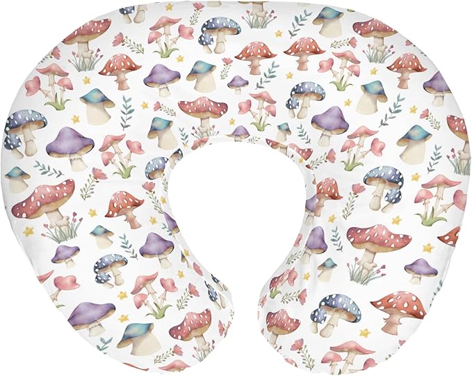 Fairytale Mushroom Baby Nursing Pillow Covers for Boy Girl Colorful Mushrooms Floral Leaves Nursing Pillowcase for Breastfeeding Pillows Magical Plant Soft Stretchy Slipcovers for Newborn Infant