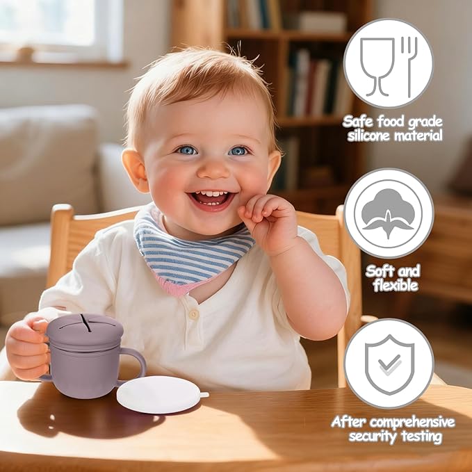 Mity rain 2-Pack Stainless Steel Snack Containers, 4-in-1 Spill proof Snack Cups With Silicone Lid and Handle, Dishwasher Safe Travel Snack Containers for Kids and Infants (Purple + Gray)