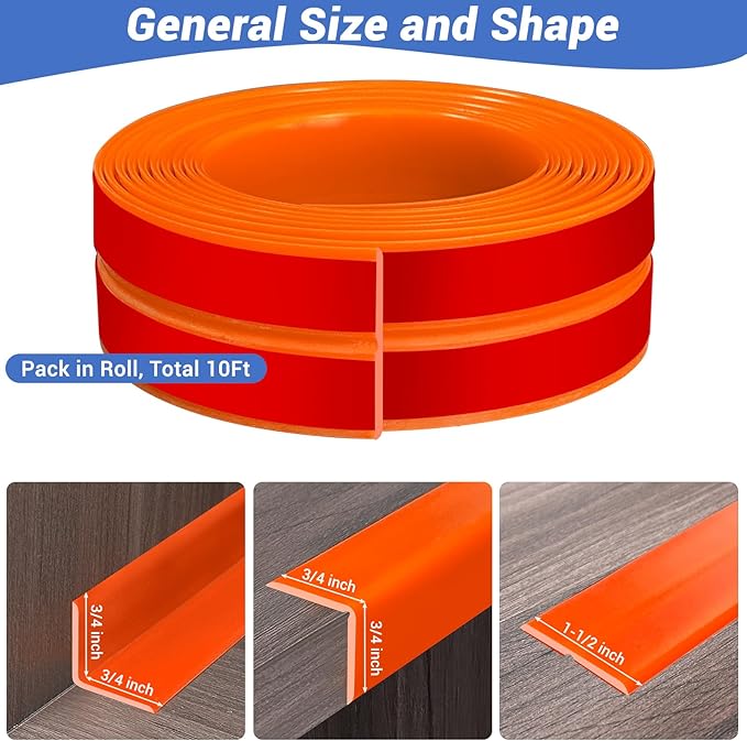 Wall Corner Protector, Peel and Stick Wall Corner Trim, Flexible Rubber Molding Wall Corner Guard, L Shaped Self Adhesive Edge Protector Moulding Trim for Wall Edge Ceiling, Orange, 3/4in,10Ft