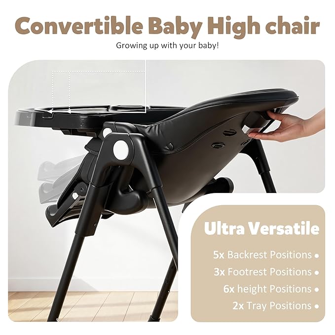 TODEFULL 3 in 1 Foldable Baby High Chair, Infant High Chairs for Babies and Toddlers, 6 Height & 5 Recline Adjustable Toddler Feeding Chair, 2 Tray Depth & 3 Footrest Angles, 2 Built-in Wheels, Black
