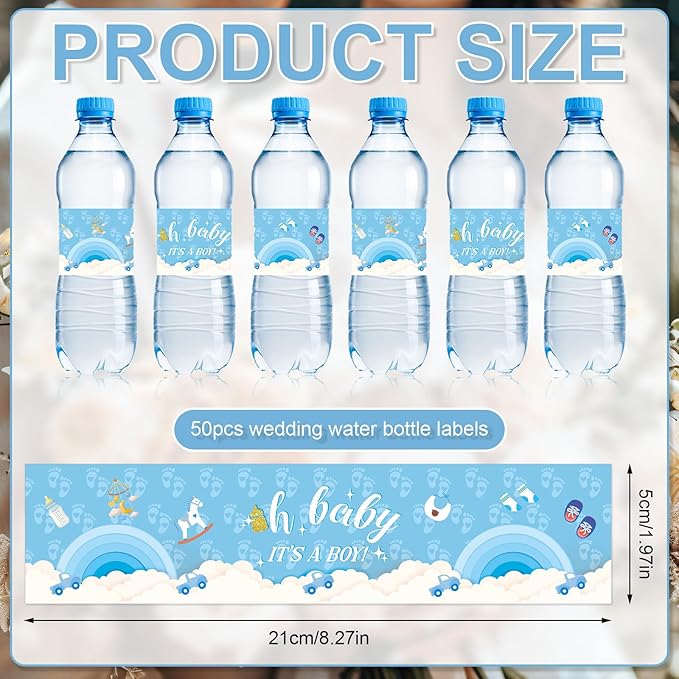 NQEUEPN 50pcs Baby Shower Water Bottle Labels, Waterproof Decorative Water Bottle Labels Personalized Water Bottle Wrap Stickers for Baby Shower Party Decorations (Boys Style 2)