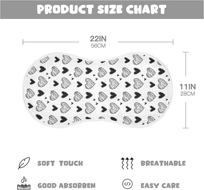 4Pcs Black White Hearts Burp Cloth,Unisex Large Absorbent Soft Cotton Muslin Burping Cloths for Newborn Boys Girls,11x22in,A113395
