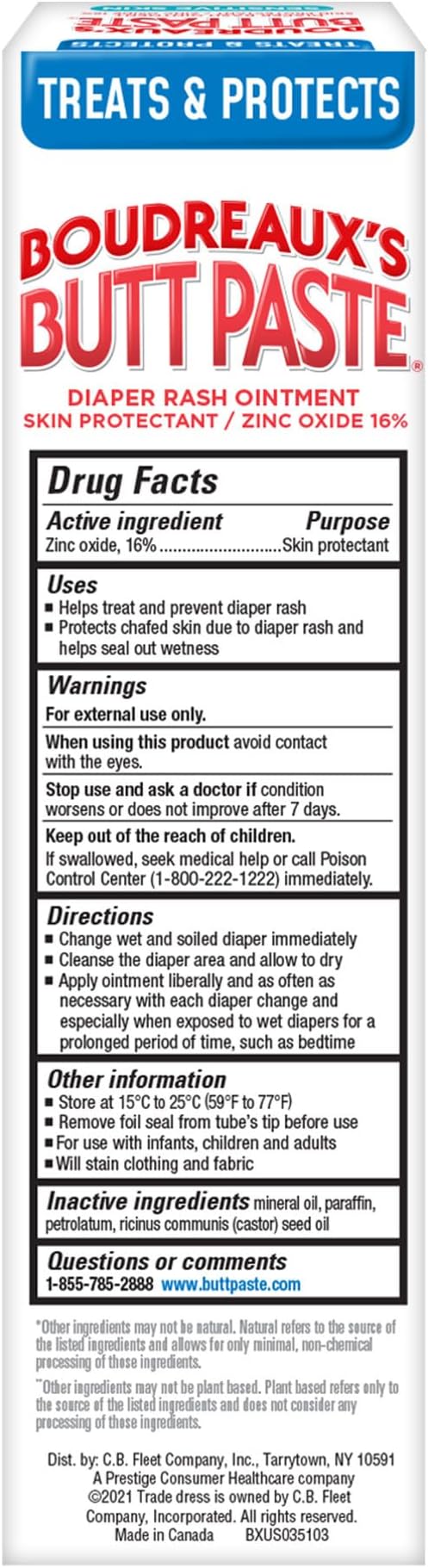 Boudreaux’s Butt Paste Zinc Oxide Diaper Rash Cream, Hypoallergenic for Sensitive Skin, 4 Oz Tube