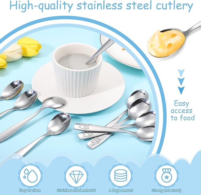 Pimoys 9 Pieces Toddler Spoons Kids Spoons, Kids Silverware Stainless Steel Toddler Utensils Metal Kids Cutlery Set Baby and Children Safe Flatware, Perfect for Small Hands