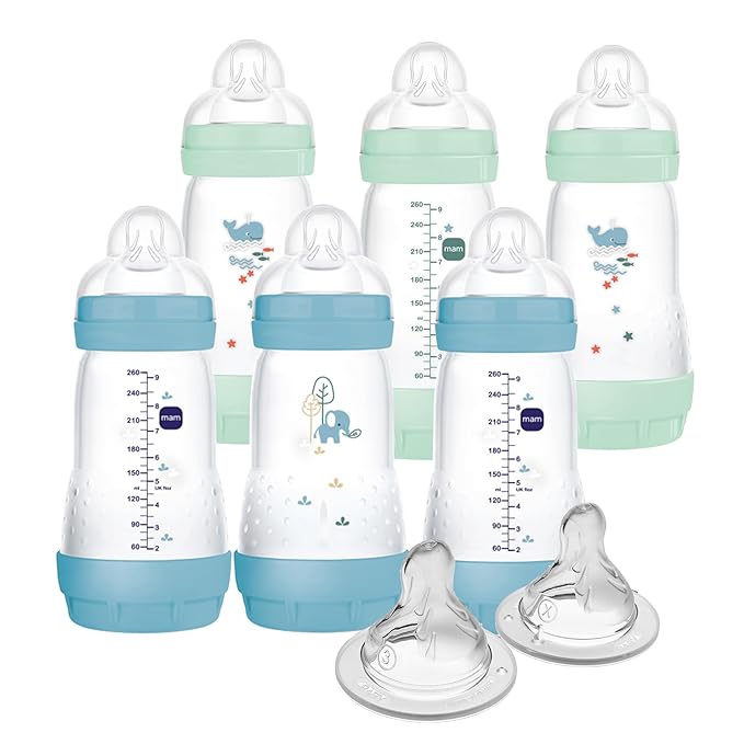 9 oz MAM Easy Start Boy Baby Bottle 6 Pack with Slow & Medium Flow Nipples, Level 1 & 2, 4 Pack