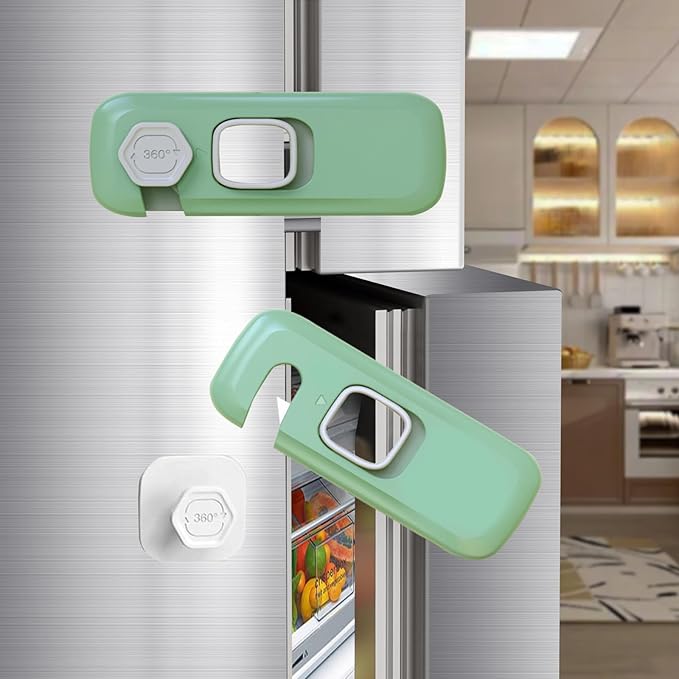 Fridge Locks with Self Adhesive, Refrigerator Latch for Kids, Toddlers and Children, Child & Baby Proofing Freezer Door Lock for, Cabinets and Drawers, Oven, Windows (Green-2pack)