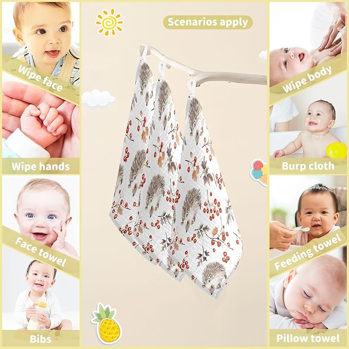 vvfelixl Forest Hedgehog Baby Burp Cloths Baby Muslin Washcloths for Boys Girls Cotton Babys Face Towel for Newborn Infants Soft and Absorbent 11.8 X 11.8 in, 5 Pack