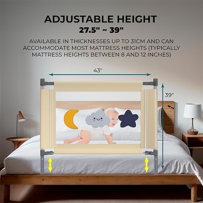 Bed rail for toddlers with adjustable high and foldable design for enhanced safety, Suitable for all mattress sizes toddler bed rails for cosleeping, Machine washable baby bed rail guard, Beige