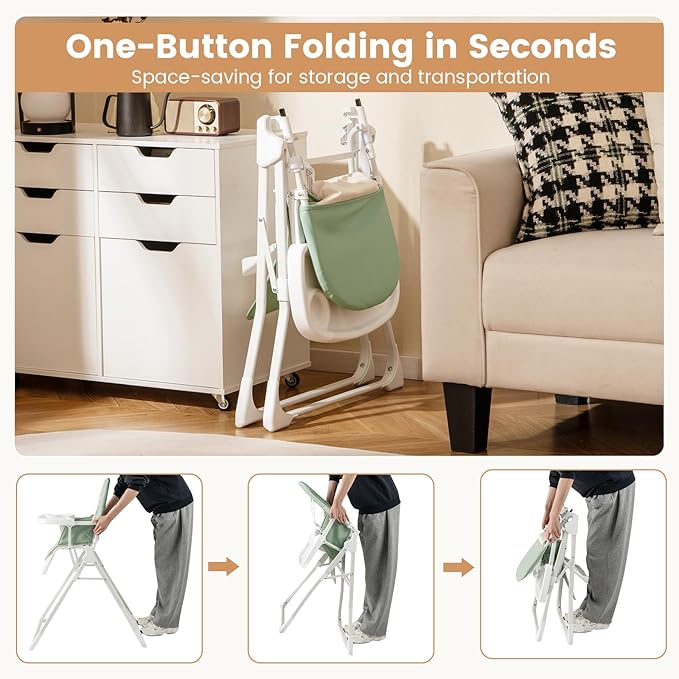 HONEY JOY High Chair, Foldable Baby Feeding Chair, Adjustable Tray & Footrest, Removable Easy-to-Clean PU Seat Cushion, 5-Point Harness, Cup Holder, Highchairs for Babies and Toddlers (Green)