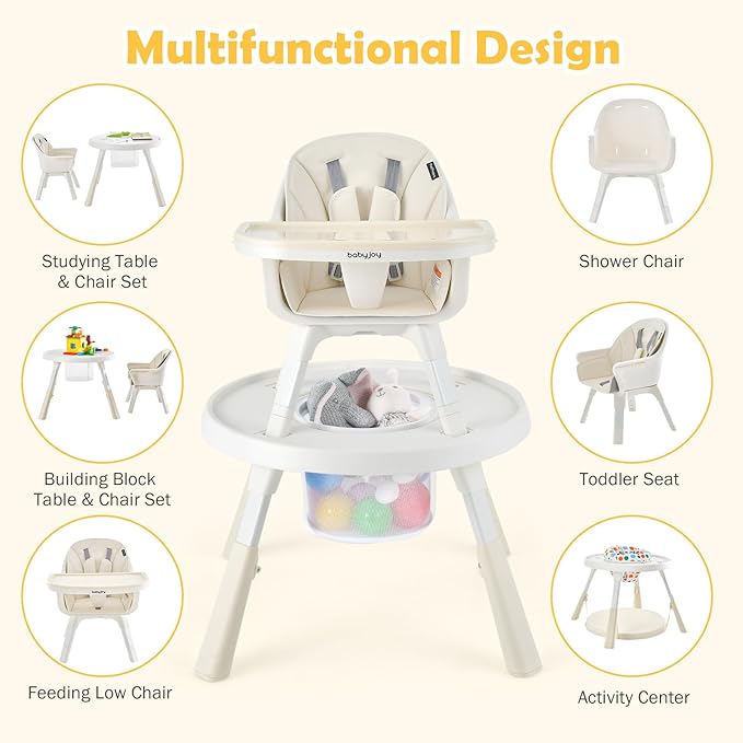 BABY JOY 7 in 1 Baby High Chair, Convertible High Chairs for Babies and Toddlers, Building Block Table, Toddler Chair with Adjustable Legs, Removable Tray, Storage Basket, Safety Harness (Beige)