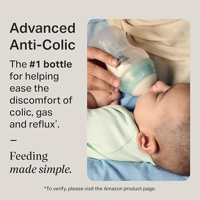 Tommee Tippee Advanced Anti-Colic 9 oz BPA Free Baby Bottles, Newborn 0+ Months, Slow Flow Breast-Like Nipple, Unique Design Keeps Air Away from Milk and Baby, Pink and Purple, Pack of 2