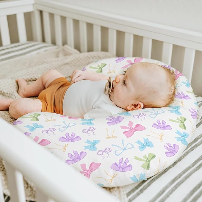 Spring Pastel Bows Baby Nursing Pillow Covers for Boy Girl Colorful Rainbow Bows Nursing Pillow Slipcovers for Breastfeeding Pillows Cute Girly Soft Stretchy Removable Covers for Newborn Infant