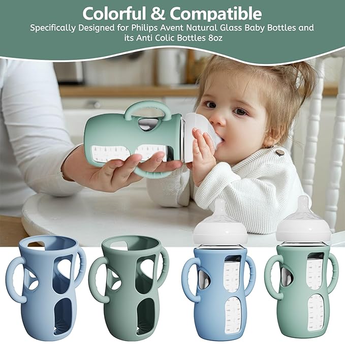 2 Pack Silicone Sleeves for Avent Natural Glass Bottles, Anti Breakage Baby Bottle Protector with Easy-Grip Handle, Compatible with Philips Avent Glass Natural Bottle 8 oz, Not for Infant Use