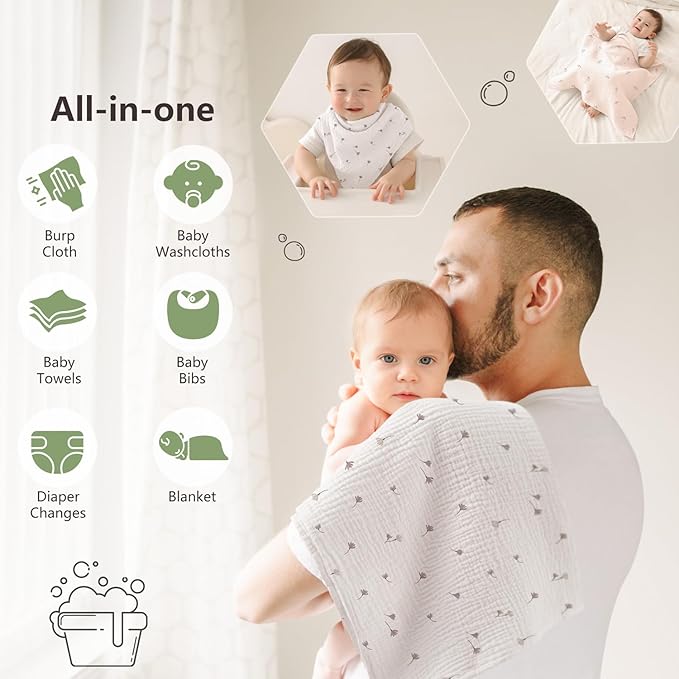 Susurration Muslin Burp Cloths 24x24 Inches Ultra Soft 100% Cotton, 4 or 7 Pack Baby Washcloths for Newborn, Absorbent Burp Rags & Swaddle Blankets