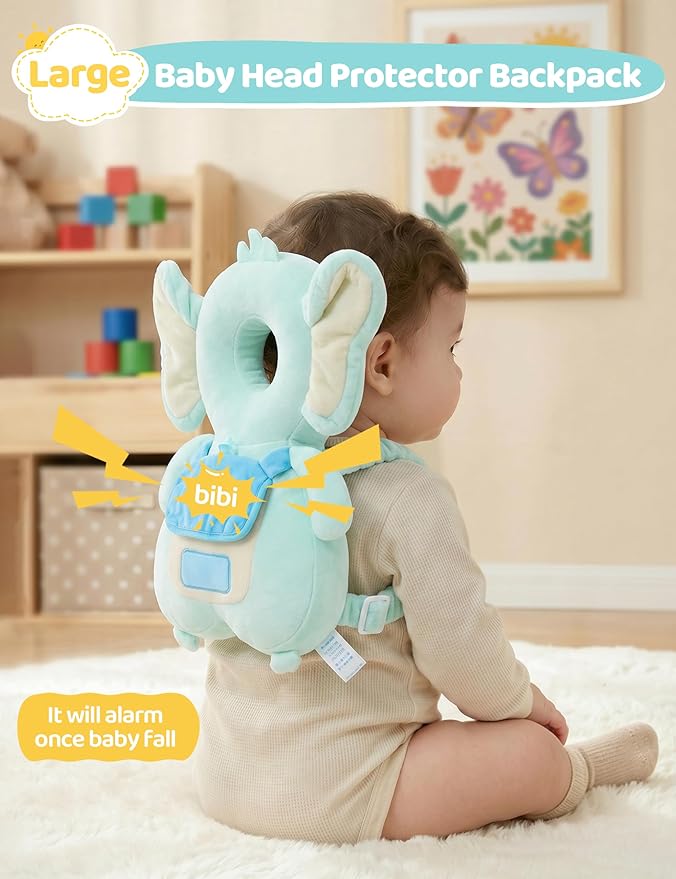 JunNeng Baby Head Protector Backpack with Squeaker，Toddler Head Safety Protection Cushion, Light Blue Elephant