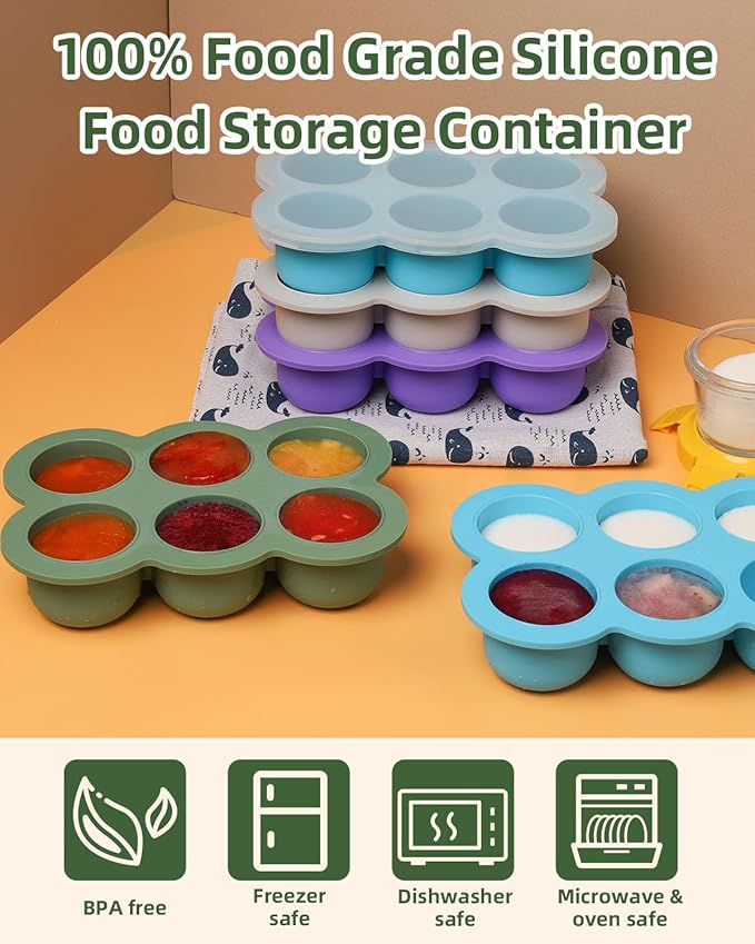 Baby Food Freezer Tray with Lid, 6 x 3 Ounce Silicone Freezer Molds Storage Container for Homemade Baby Food, Breast Milk, Fruit Puree & Vegetables (Green)