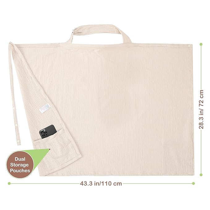 100% Organic Cotton Nursing Cover & Shawl - 43 x 28 Inch Breathable Muslin Breastfeeding Nursing Apron Cover with Arch Neckline for Mothers, Multi-use Carseat Canopy (Ivory)