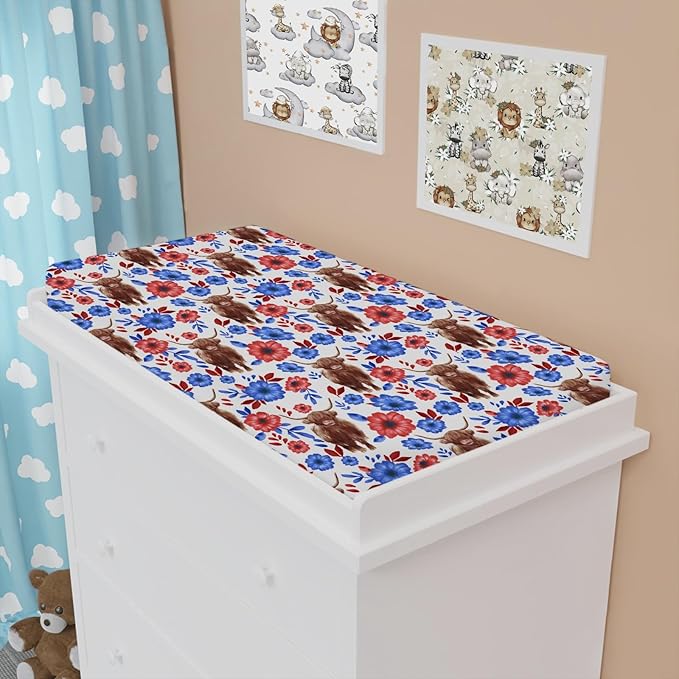 Highland Cows Boho Floral Changing Pad Cover Cute Yak Red Blue Flowers Diaper Changing Table Cover Sheets for Boys Girls Soft Breathable Stretchy Fitted Changing Table Mats 32''x16''
