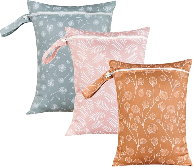 MOMIGO 3 pcs/set Wet Dry Bags for Baby Cloth Diapers - Reusable Washable for Stroller, Diapers, Travel Bags, Gym Bag 11 * 14 inch (Flower&Leaf)