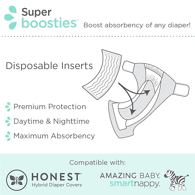 Overnight Diaper Leak Stopper, Super Boosties Disposable Inserts, Use with Pampers Sizes 2-6, Honest Hybrid Diaper Cover Sz Small, Amazing Baby Cover Sz 2, Pocket-Sling Compatible, 4.3x11 in, 96 count