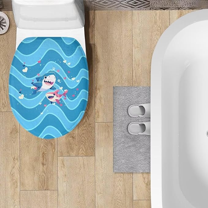 Cute Cartoon Shark Toilet Lid Covers Flannel Fabric Breathable Toilet Seat Covers for Kids Bathroom Decor, Dustproof Seat Covers Keep Clean Tidy Reusable Toilet Protector