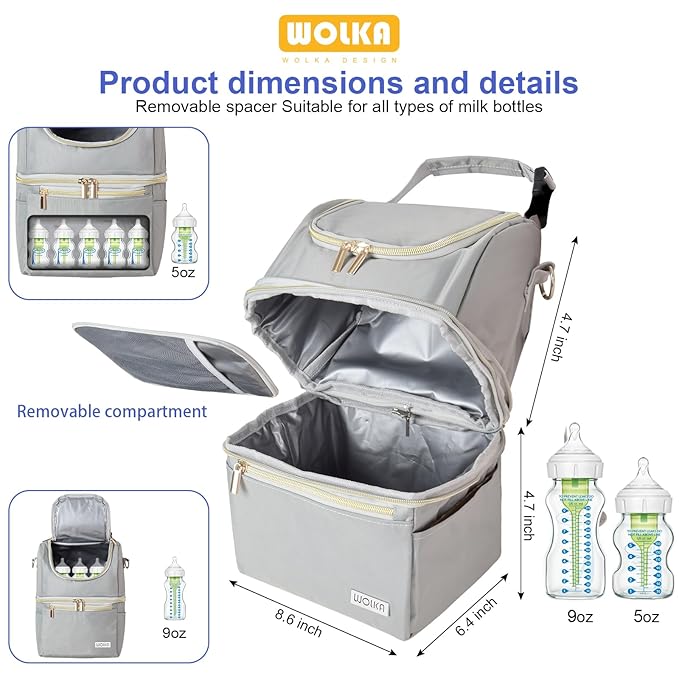 Wolka Breast Milk Cooler Travel Bag - Baby Bottle Cooler Bag for Nursing Moms Daycare with Double Compartments - Fits 6 Baby Bottles Up to 9 Ounce