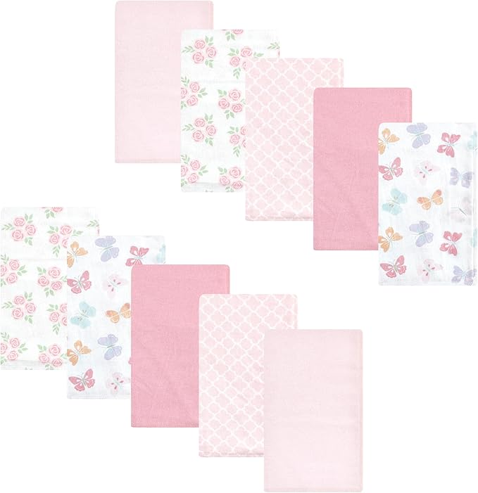 Luvable Friends Hudson Baby Flannel Burp Cloths 10pk, Pink Butterfly Garden