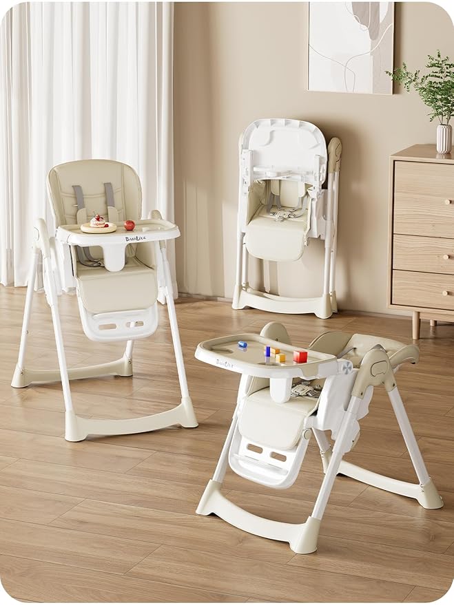 Babilous High Chair, Foldable High Chairs for Babies and Toddlers with Removable Tray, Height Adjustable Feeding Chair, Adjustable Backrest and Footrest, Beige