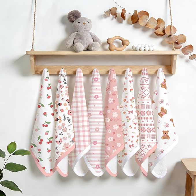 8 Pack Burp Cloths Organic Cotton, Pink Floral Baby Burp Cloths Girl, Absorbent Baby Burping Cloth, Soft Burping Cloth Set for Feeding, New Mom Gifts for Newborns Essentials Gift Set, 19”x9”