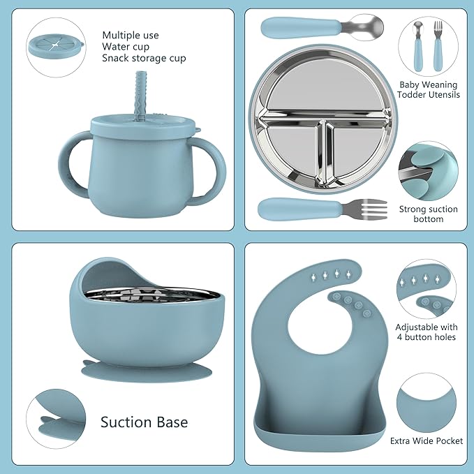 13 Pack Silicone Baby Feeding Set, BPA-Free Stainless Steel Toddler Feeding Supplies, Include Suction Plates, Baby Bowls, Silicone Fork & Spoon, and More, First Stage Baby Dish Set - 6+ Months